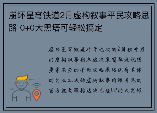 崩坏星穹铁道2月虚构叙事平民攻略思路 0+0大黑塔可轻松搞定