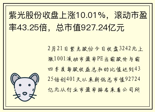 紫光股份收盘上涨10.01%,滚动市盈率43.25倍,总市值927.24亿元