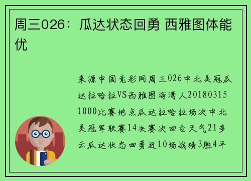 周三026：瓜达状态回勇 西雅图体能优