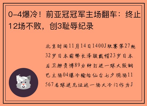 0-4爆冷！前亚冠冠军主场翻车：终止12场不败，创3耻辱纪录